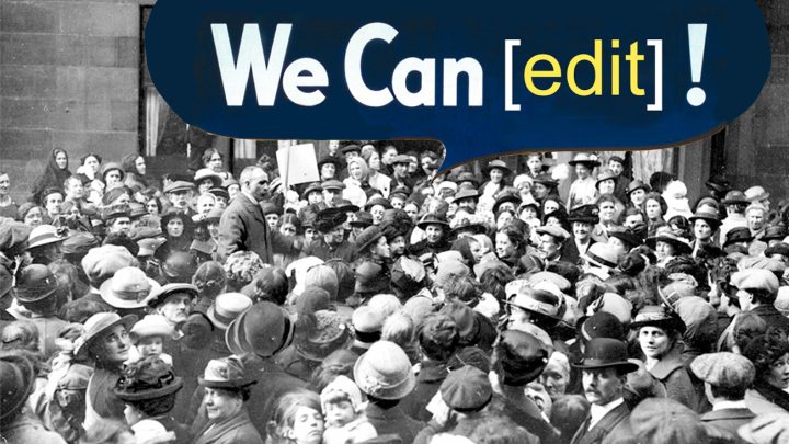 Crowd of people with we can edit in a speech bubble