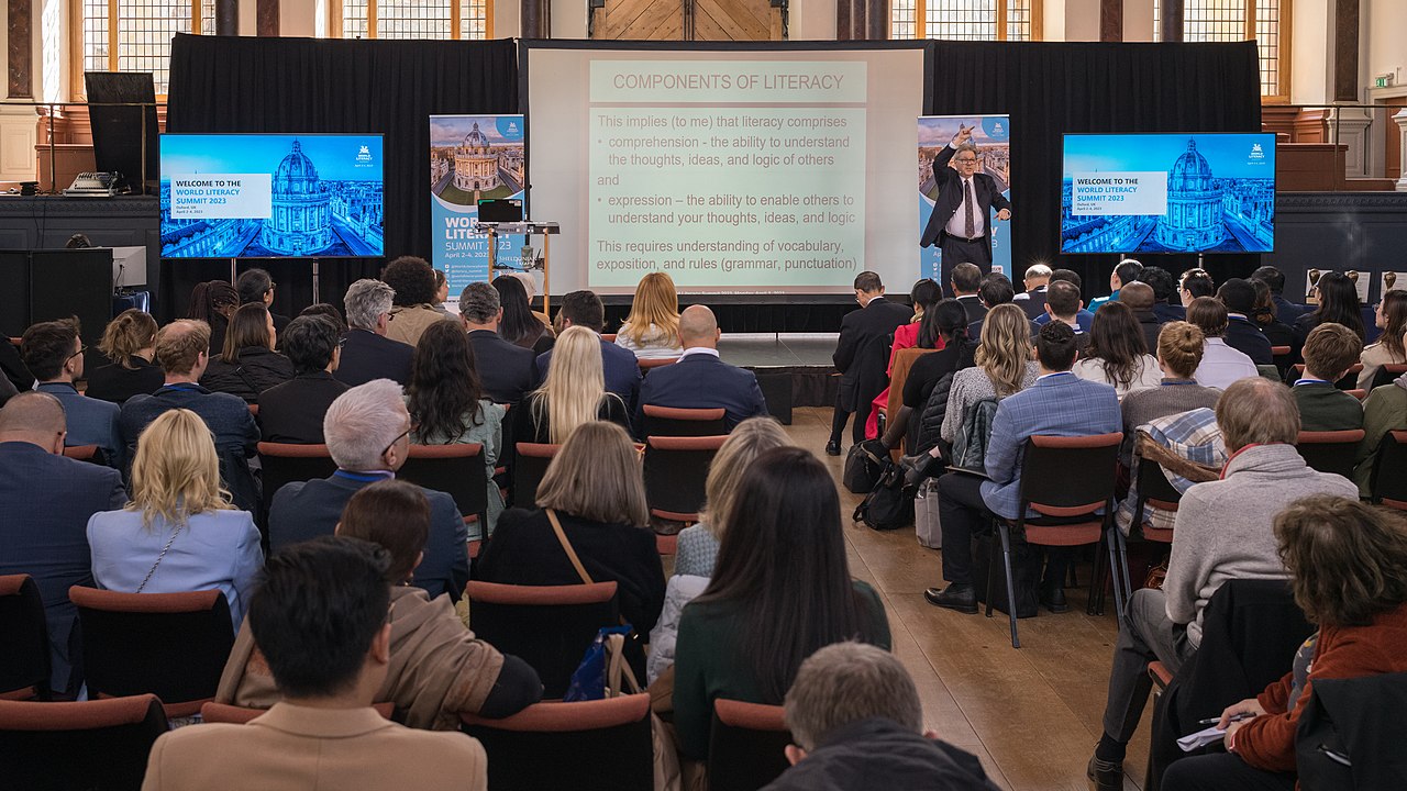 James Cochran, Professor of Applied Statistics at the University of Alabama, presenting at the World Literacy Summit 2023 in the Sheldonian Theatre in Oxford, UK, on April 3, 2023.