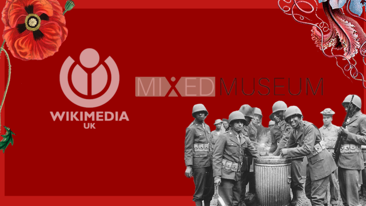 Wikimedia UK and The Mixed Museum logos surrounded by an image from the museum of black GIs WW2 stationed in Ireland, and Illustration from Medical Botany, and Haeckel Discomedusae 8 cleanup