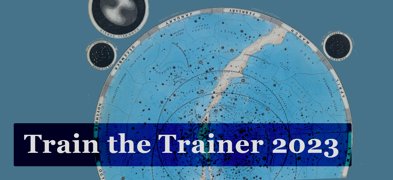 Train the trainer 2023 text over an image of a star chart on a blue background