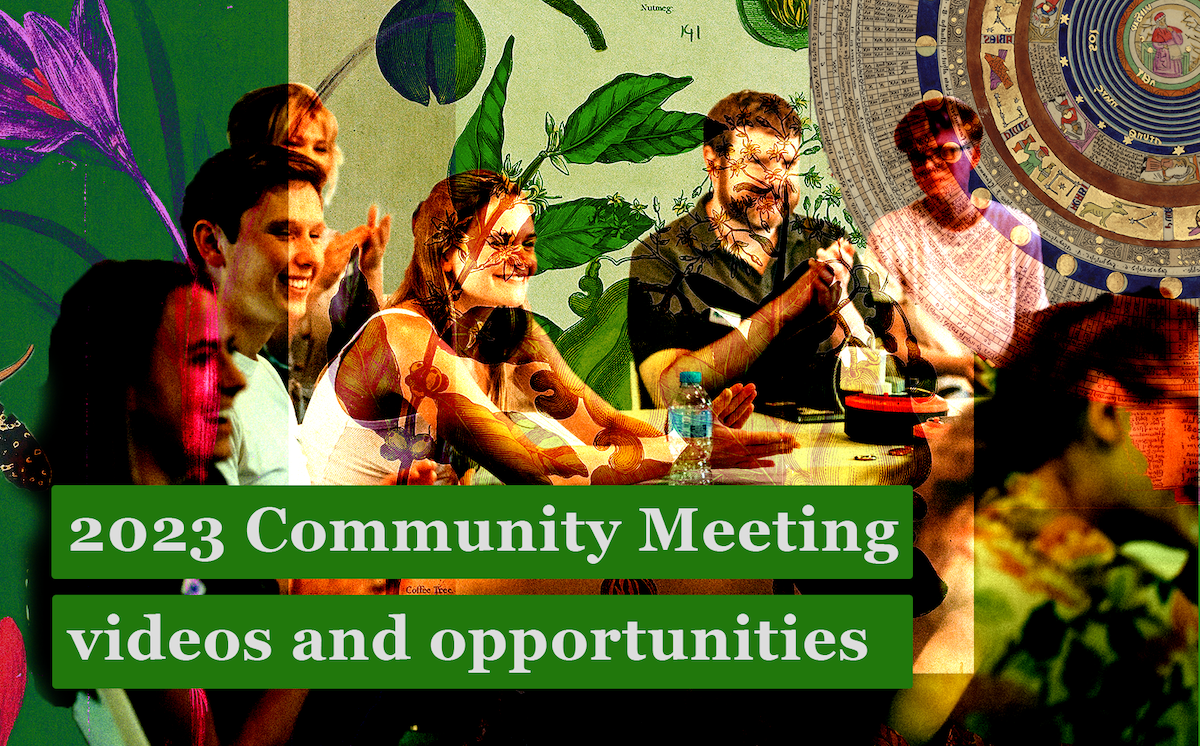 Photo of a group of people at the 2022 Community Festival, collaged green toned images from Wikimedia Commons with text overlaid reading: 2023 Community Meeting videos and opportunities