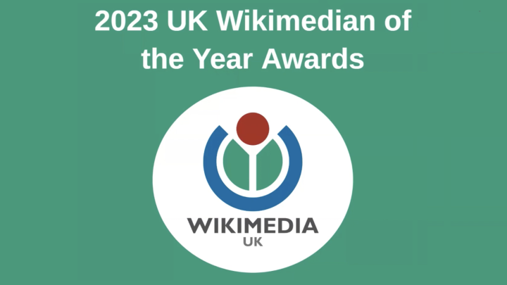 White text reading: 2023 UK Wikimedian of the Year Awards, with Wikimedia UK's logo beneath on a green background
