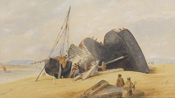 A watercolour painting of a shipwreck being salvaged for parts on a sandy beach.