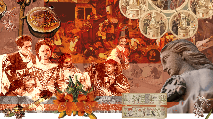 Collage of images in red and oranges from Wikimedia Commons