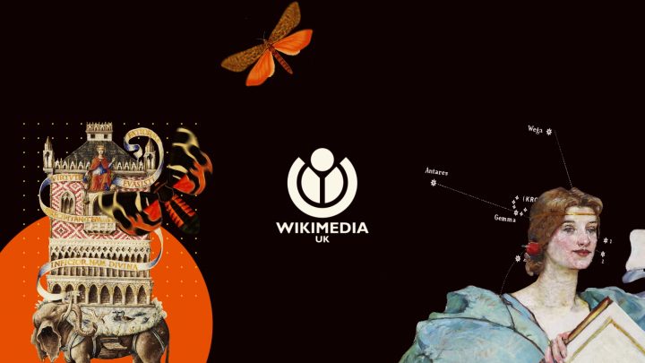 Still from the introduction to Wikimedia UK animation. Featuring the WMUK logo in white with images from Wikimedia Commons including a fantastical illustration of an elephant carrying a building on its back, illustrations of butterflies and a portrait painting of a woman in a blue dress.