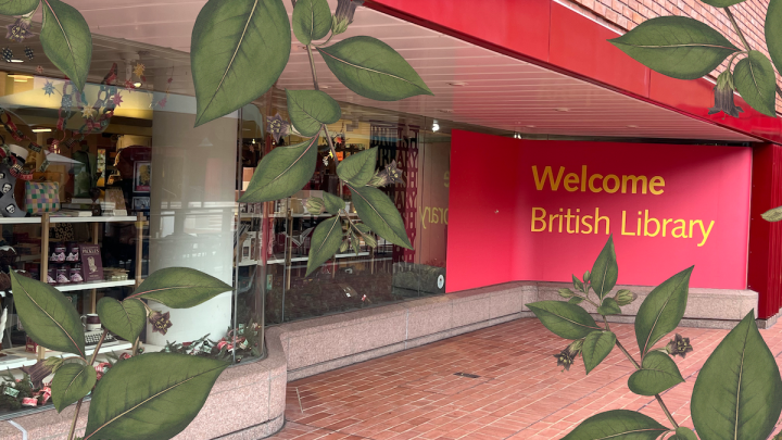 Photograph of the front of the British Library with illustrations of a leafy green plant overlaid on top