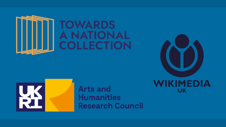 Logos for Towards a National Collection, the Arts and Humanities Research Council and Wikimedia UK on a blue background