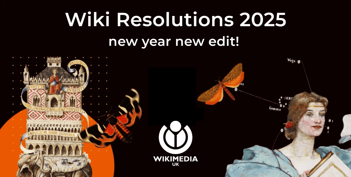 Black banner with white text reading: Wiki Resolutions 2025, new year new edit! Accompanied by images from Wikimedia Commons of butterflies, an illustration of an elephant and a painting of a woman.