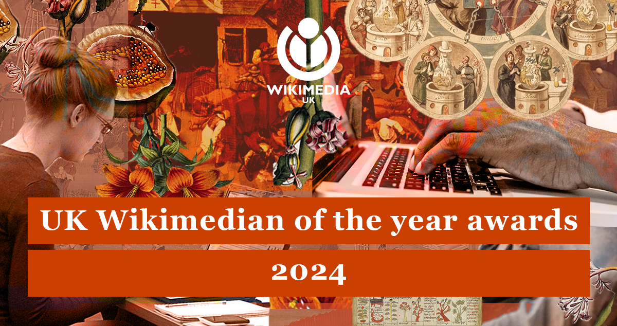 Collage of red toned images from Wikimedia Commons with white text overlaid reading: 'UK Wikimedian of the year 2024'