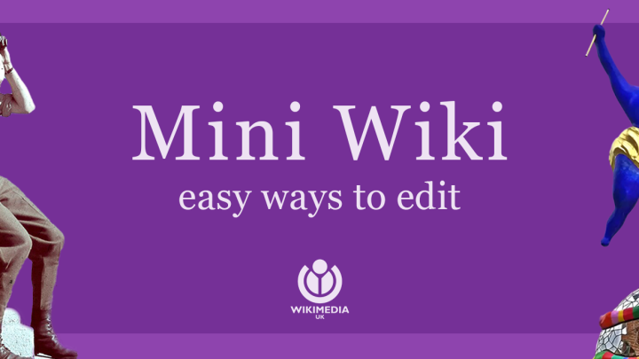 Purple banner with white text reading: 'Mini Wiki easy ways to edit' with the Wikimedia UK logo and images from Wikimedia Commons